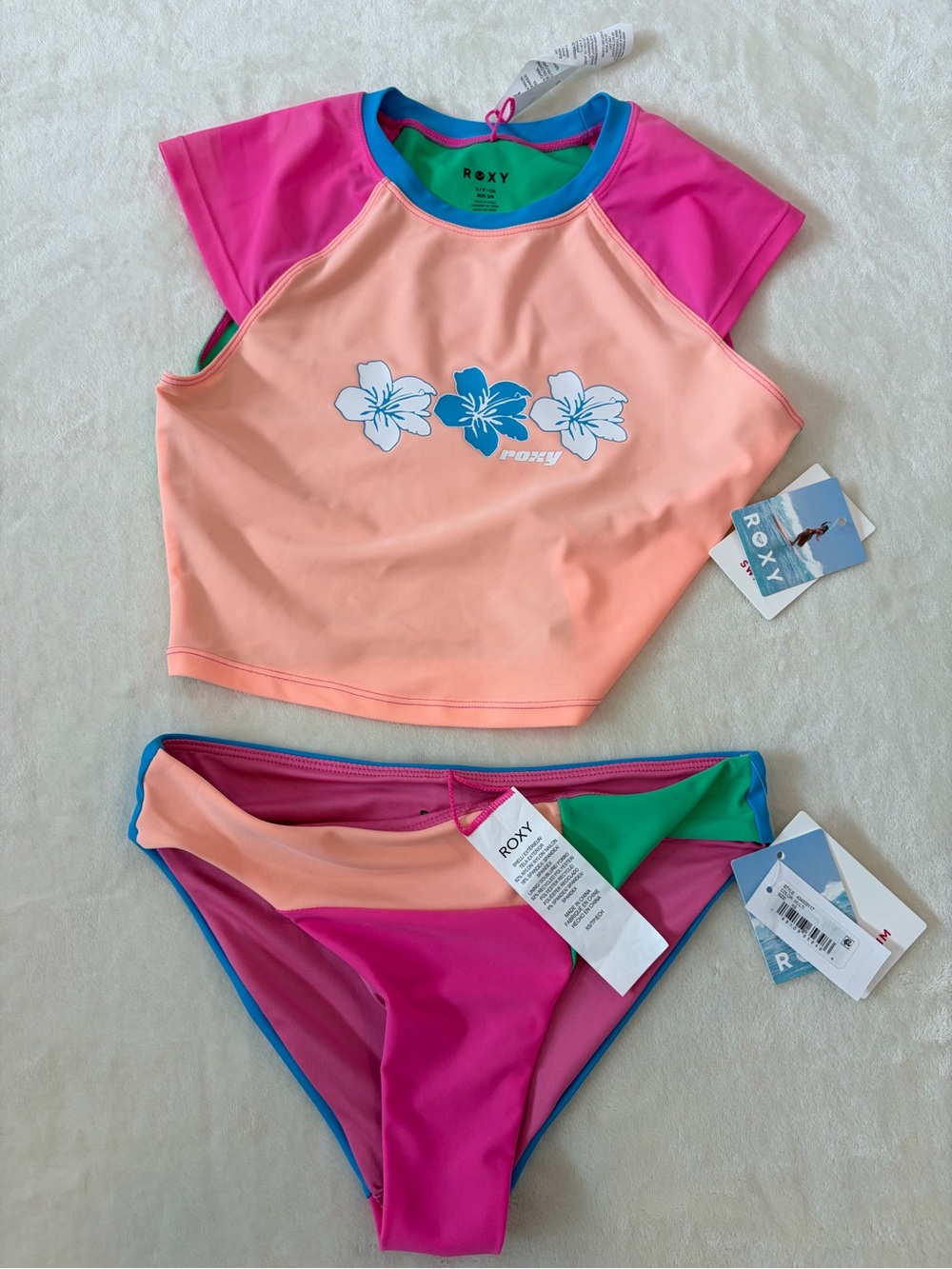 Roxy Peach, Pink & Blue Floral Short Sleeve Rash Bikini
